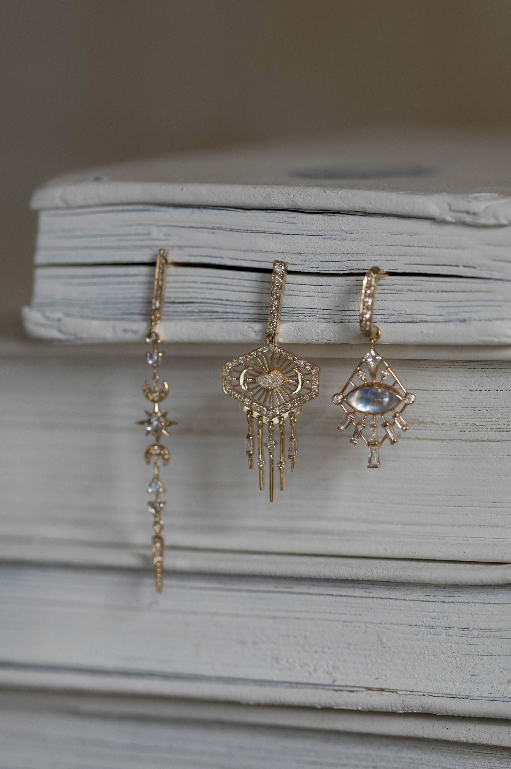 Moonstones & Diamonds Long Stellar Earrings (Pair)